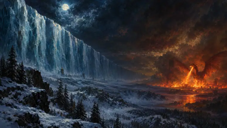 Painting: a colossal wall of ice stretching across a snowy northern land at night, and far to the south a dragon of fire rising over a burning horizon.