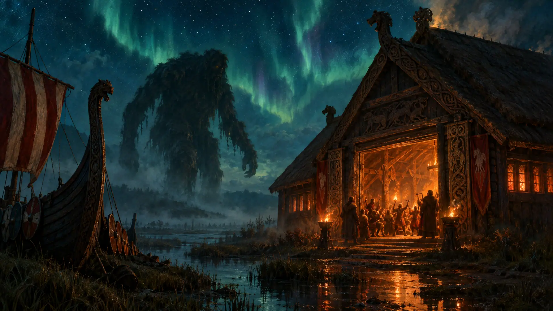 Painting: an Anglo-Saxon timber mead-hall at night on a misty fen, firelight and music spilling from its carved doors.