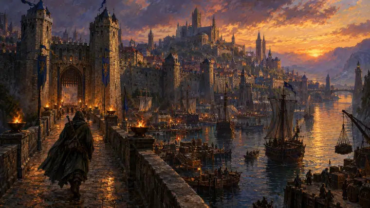 Painting: a great walled harbor city on a river at dusk, crowded docks and towers, a hooded adventurer on the bridge approaching its massive gate.