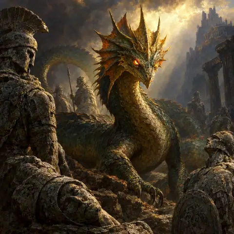 Painting: a basilisk serpent-lizard with a crown-like crest and deadly glowing eyes among petrified stone warriors.