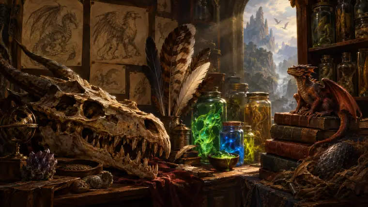 Painting: a naturalist's cabinet of curiosities of fantasy creatures: a dragon skull, griffin feathers, jars of glowing slime, sketches pinned to the wall.