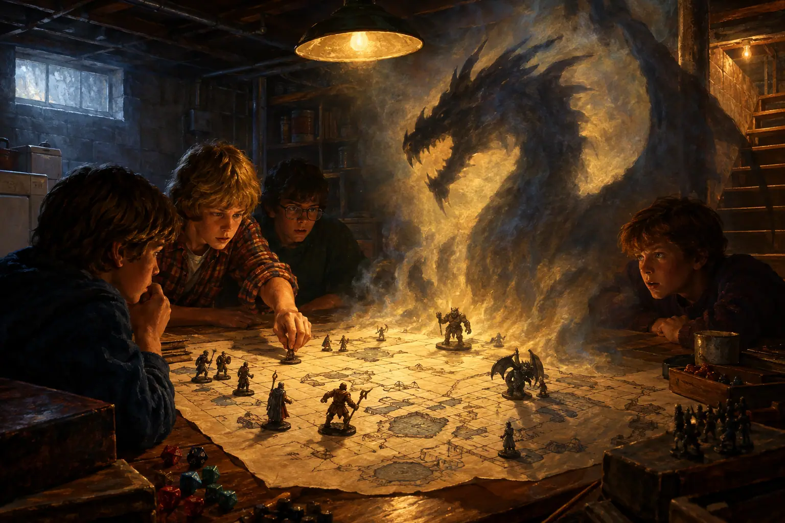 Painting: lead miniature soldiers and a hand-drawn dungeon map in a 1970s Wisconsin basement, a dragon's shadow rising from the map.