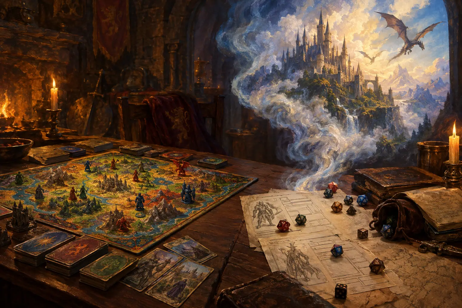 Painting: a split tabletop: on one side a colorful fantasy board game with cards and a spinner-free board.