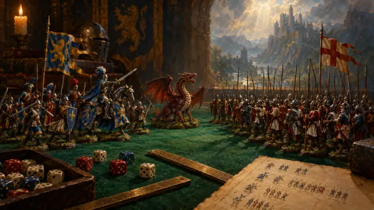 Painting: rows of hand-painted lead miniature medieval knights and pikemen on a green felt table with a small toy dragon among them, six-sided dice.