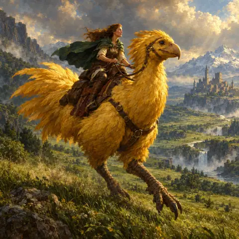 Painting: a large friendly golden-yellow riding bird, flightless, with a saddle, running across green plains.