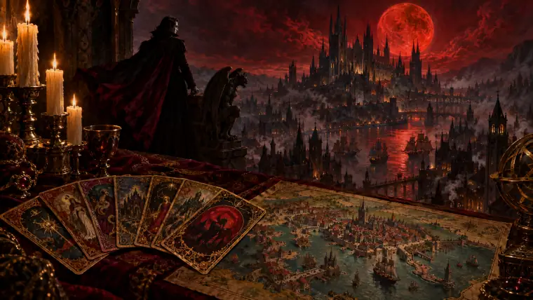 Painting: a gothic city of spires under a blood moon, a caped vampire on a rooftop.