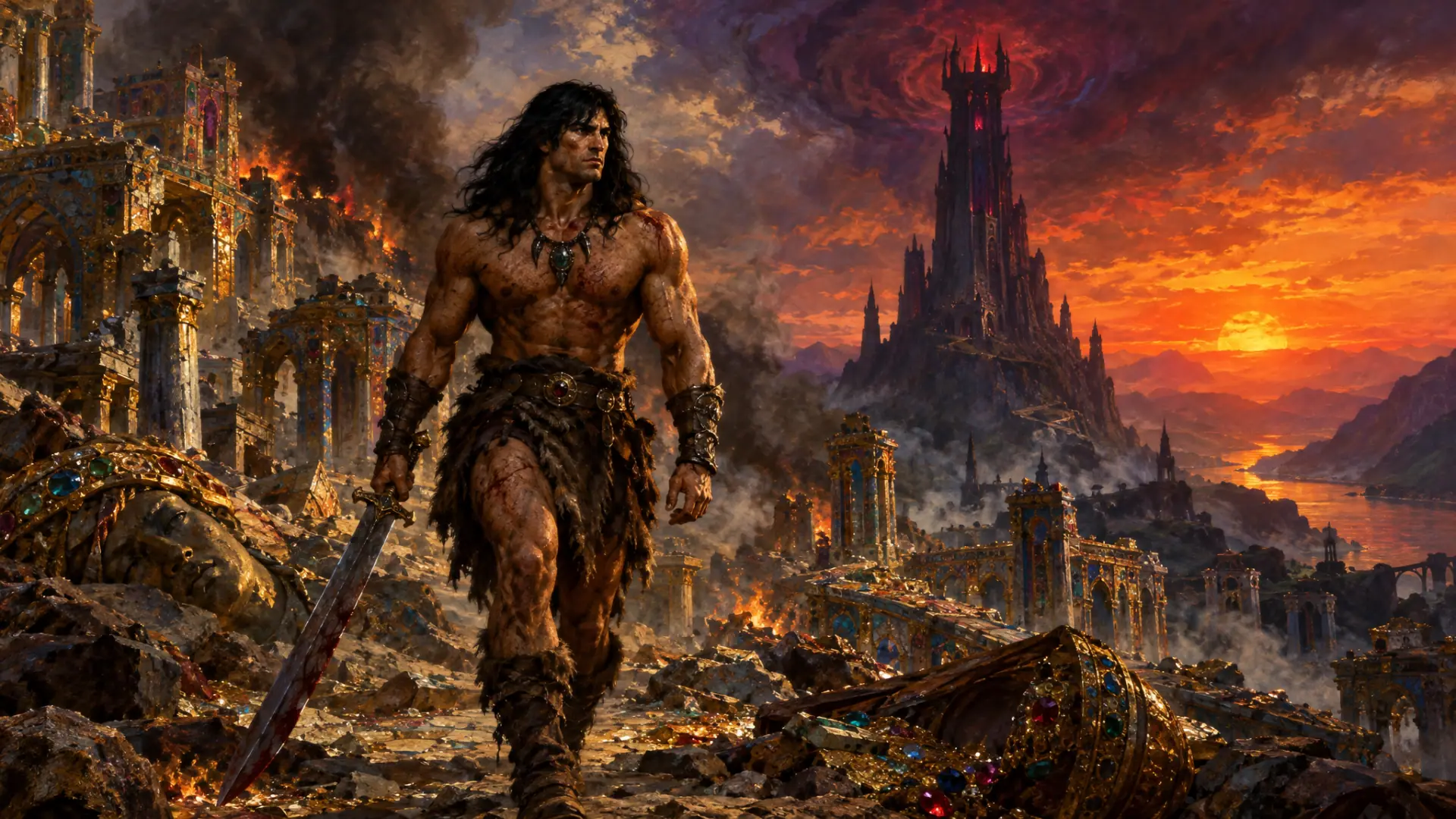 Painting: a black-haired barbarian with a broadsword striding out of the smoking ruins of a jeweled ancient city, a sinister sorcerer's tower behind him.