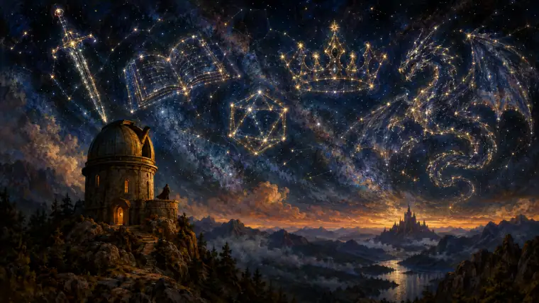 Painting: a deep night sky over a lone observatory tower, where the stars form a vast web of constellations shaped like a sword, an open book.