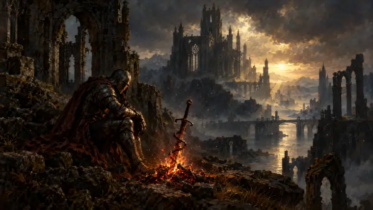 Painting: a lone armored knight resting beside a small bonfire with a coiled sword in its embers, amid vast gothic ruins, ash drifting, deep melancholy.