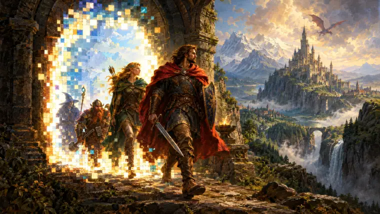 Painting: a stone archway portal filled with glowing square pixels resolving into a painted fantasy landscape.