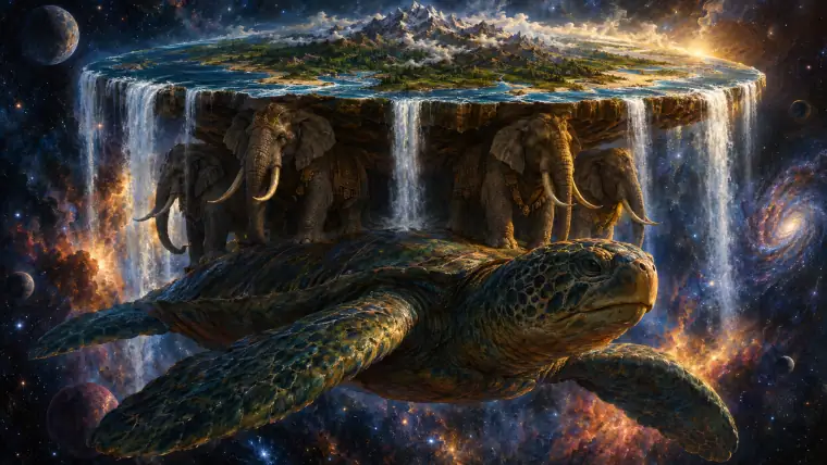 Painting: a flat disc-shaped world carried on the backs of four giant elephants standing on an enormous sea turtle swimming through space.