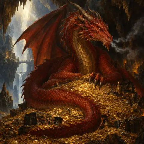 Painting: a colossal ancient red dragon coiled atop a mountain of gold coins in a vast cavern, smoke curling from its nostrils.