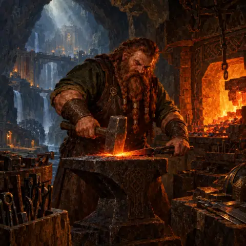 Painting: a stout braided-bearded dwarf smith at a glowing forge deep under a mountain.