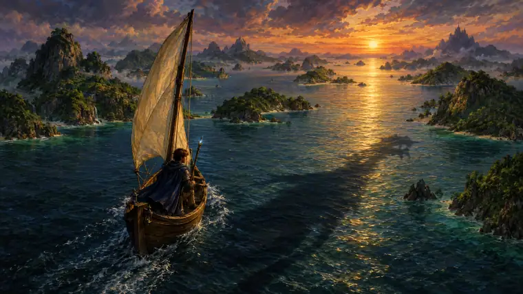 Painting: a young wizard in a small sailing boat crossing a vast archipelago sea at twilight, dozens of green islands, a shadow following across the water.