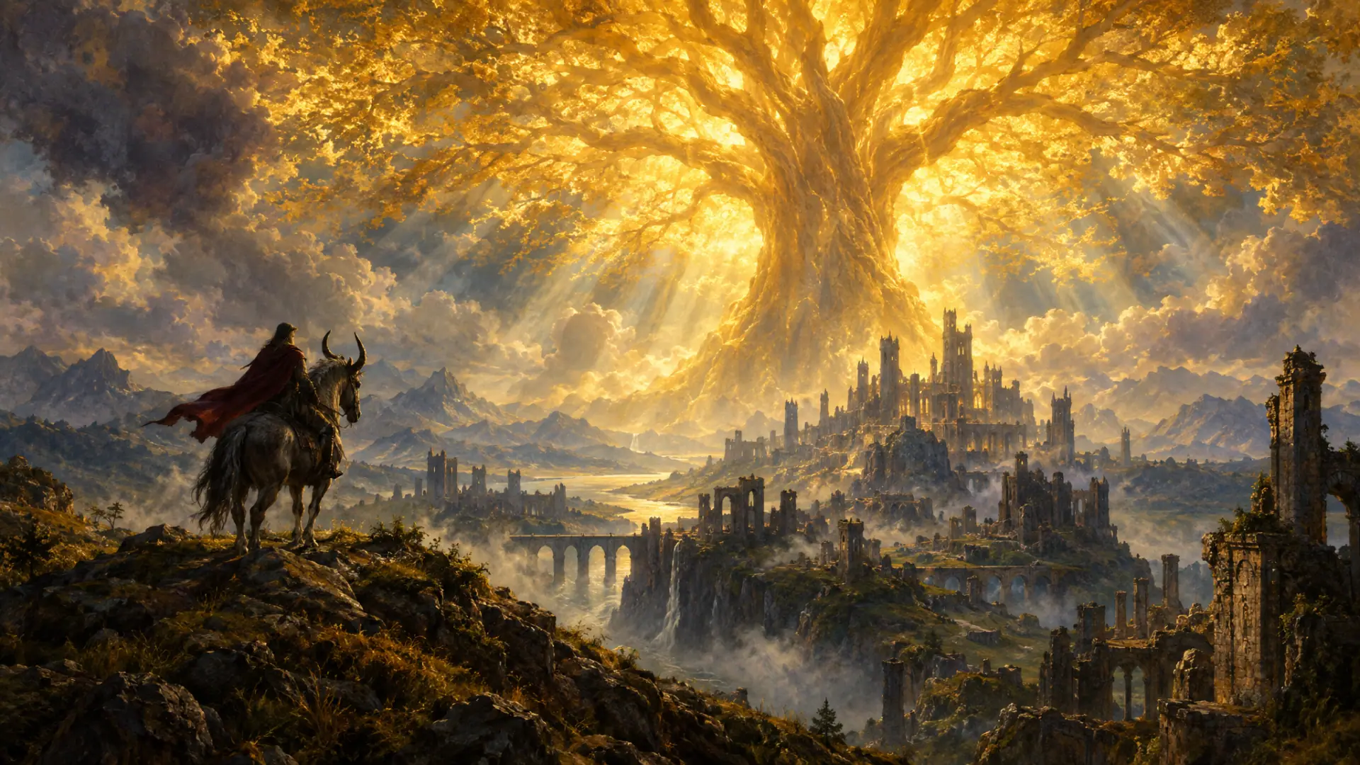 Painting: a colossal golden tree towering over a vast ruined kingdom, its glowing branches filling the sky, a lone rider on a horned steed on a hill.