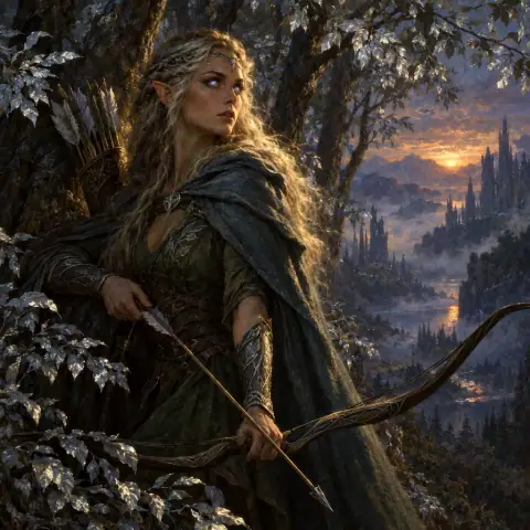 Painting: a graceful elven archer in a silver-leaved forest at twilight, luminous eyes.