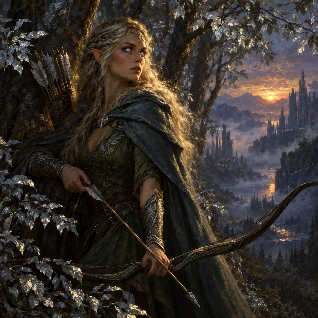 Painting: a graceful elven archer in a silver-leaved forest at twilight, luminous eyes.