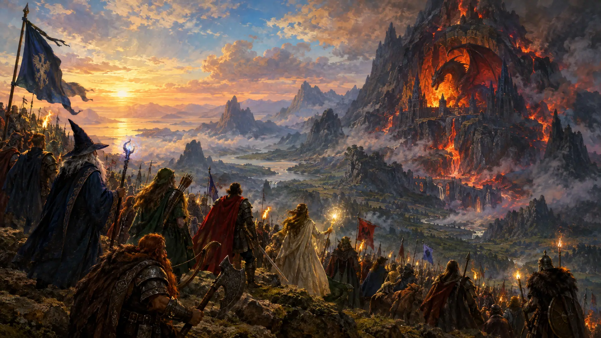 Painting: a huge raid of adventurers assembling at dawn at the edge of a vast continent, spell-lights and torches.