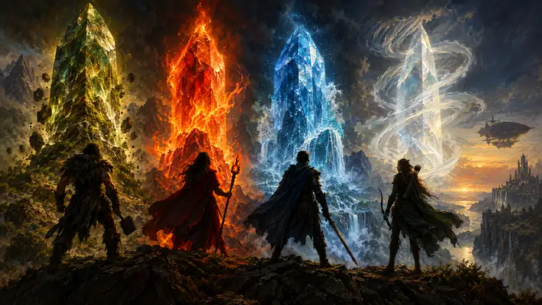 Painting: four warriors silhouetted before four giant glowing crystals, earth, fire, water, wind, in a darkened world, an airship on the horizon.