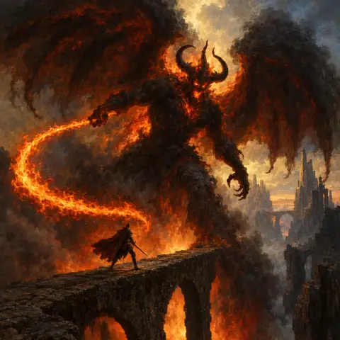 Painting: a gigantic shadowy fire demon with a whip of flame and vast smoky wings on a narrow stone bridge over an abyss.