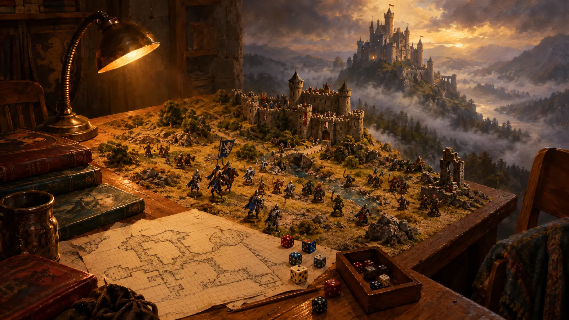 Painting: a 1970s basement table seen from above at an angle: a sand-table battlefield of hand-painted lead miniature knights, graph-paper dungeon maps.