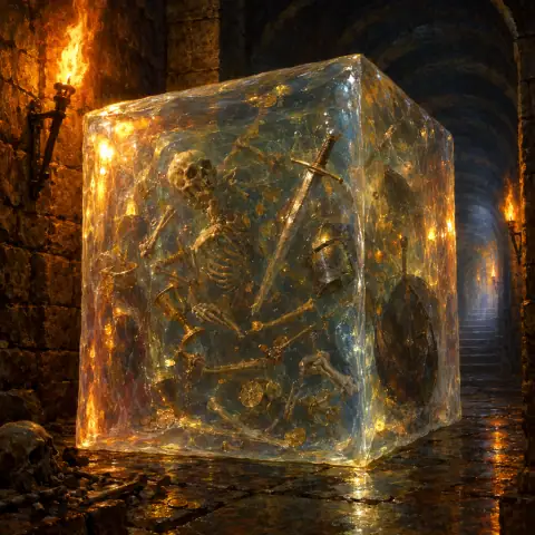 Painting: a perfectly cubic transparent gelatinous monster filling a dungeon corridor, bones, coins and a sword suspended inside it, torchlight refracting.
