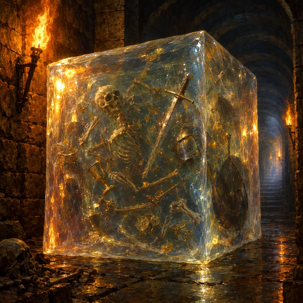 Painting: a perfectly cubic transparent gelatinous monster filling a dungeon corridor, bones, coins and a sword suspended inside it, torchlight refracting.