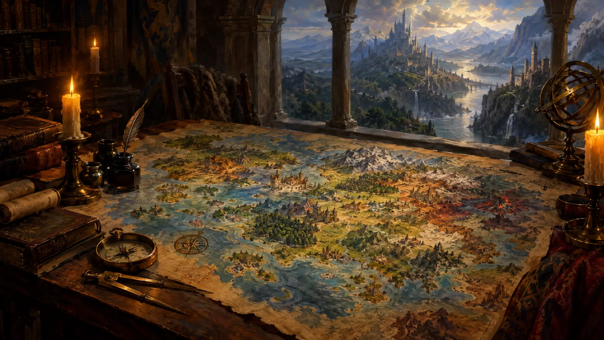 Painting: a cartographer's atlas table with a vast hand-drawn fantasy map of many different kingdoms, inkpots, compass, brass dividers and candles.