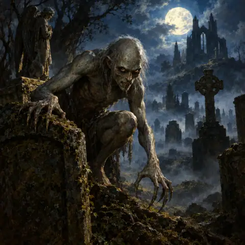 Painting: a gaunt grey ghoul crouching among moonlit gravestones in a misty cemetery, long claws, hungry eyes.