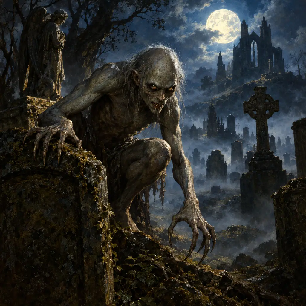 Painting: a gaunt grey ghoul crouching among moonlit gravestones in a misty cemetery, long claws, hungry eyes.
