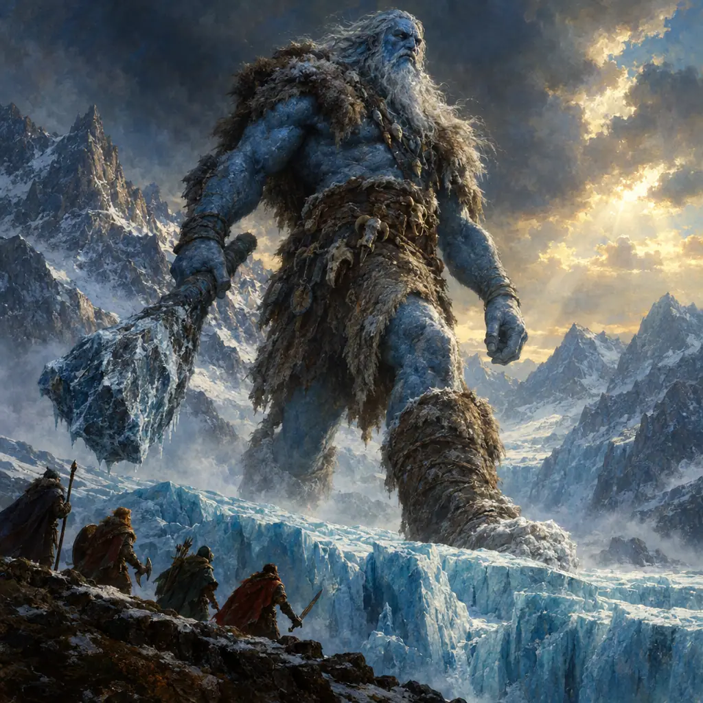 Painting: a frost giant striding across a glacier, tiny adventurers below.