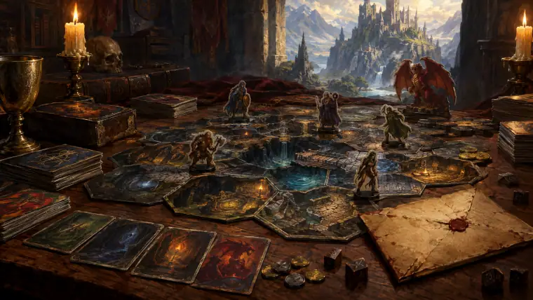 Painting: an enormous tabletop campaign board game spread across a table: stacks of cards, standees of strange mercenary heroes, hex-tile dungeon rooms.