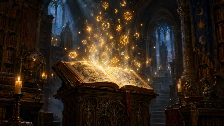 Painting: an ancient lexicon open on a carved lectern in a dark chapel of books, glowing runes and symbols lifting off its pages like fireflies.