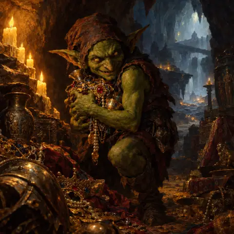 Painting: a sly green goblin clutching stolen trinkets in a cluttered cave hoard by candlelight.