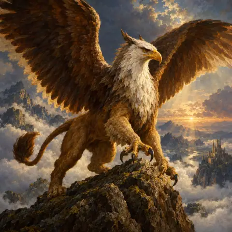 Painting: a majestic griffin with eagle head and wings and lion body landing on a crag above clouds.