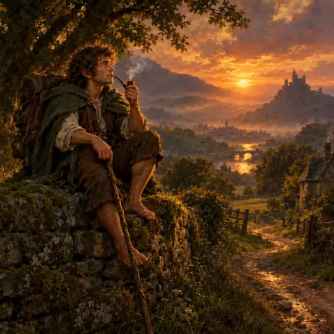 Painting: a small barefoot, curly-haired halfling adventurer with a travel pack and a walking stick.