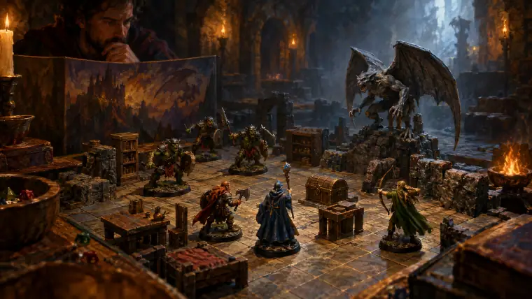 Painting: a tabletop dungeon board game in play: a grid board, tiny plastic furniture, a treasure chest, painted miniature heroes facing orcs and a gargoyle.