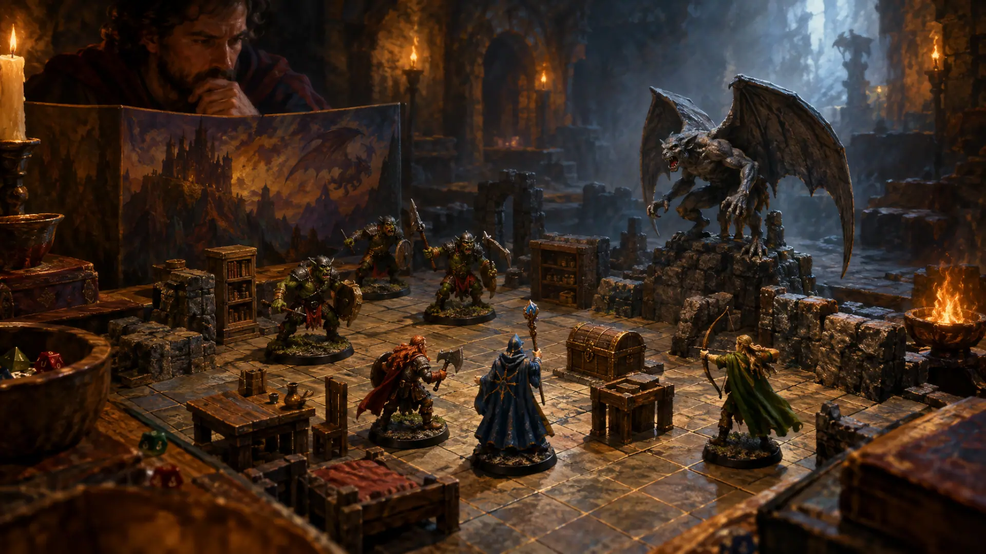 Painting: a tabletop dungeon board game in play: a grid board, tiny plastic furniture, a treasure chest, painted miniature heroes facing orcs and a gargoyle.