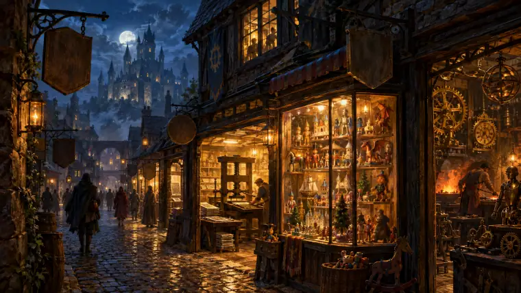 Painting: a medieval guild street at night with blank hanging guild signs, a glowing printing-press workshop.