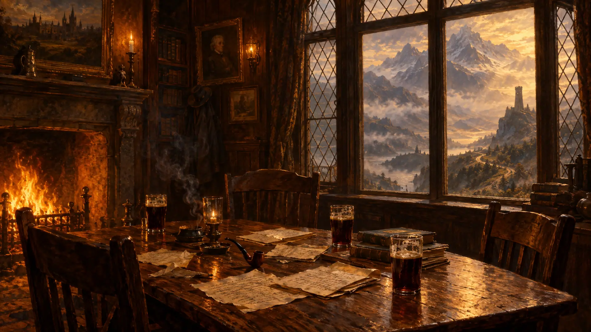 Painting: a cozy 1940s Oxford pub back room with firelight, pipe smoke, pints and scattered handwritten manuscripts on a worn oak table with empty chairs.
