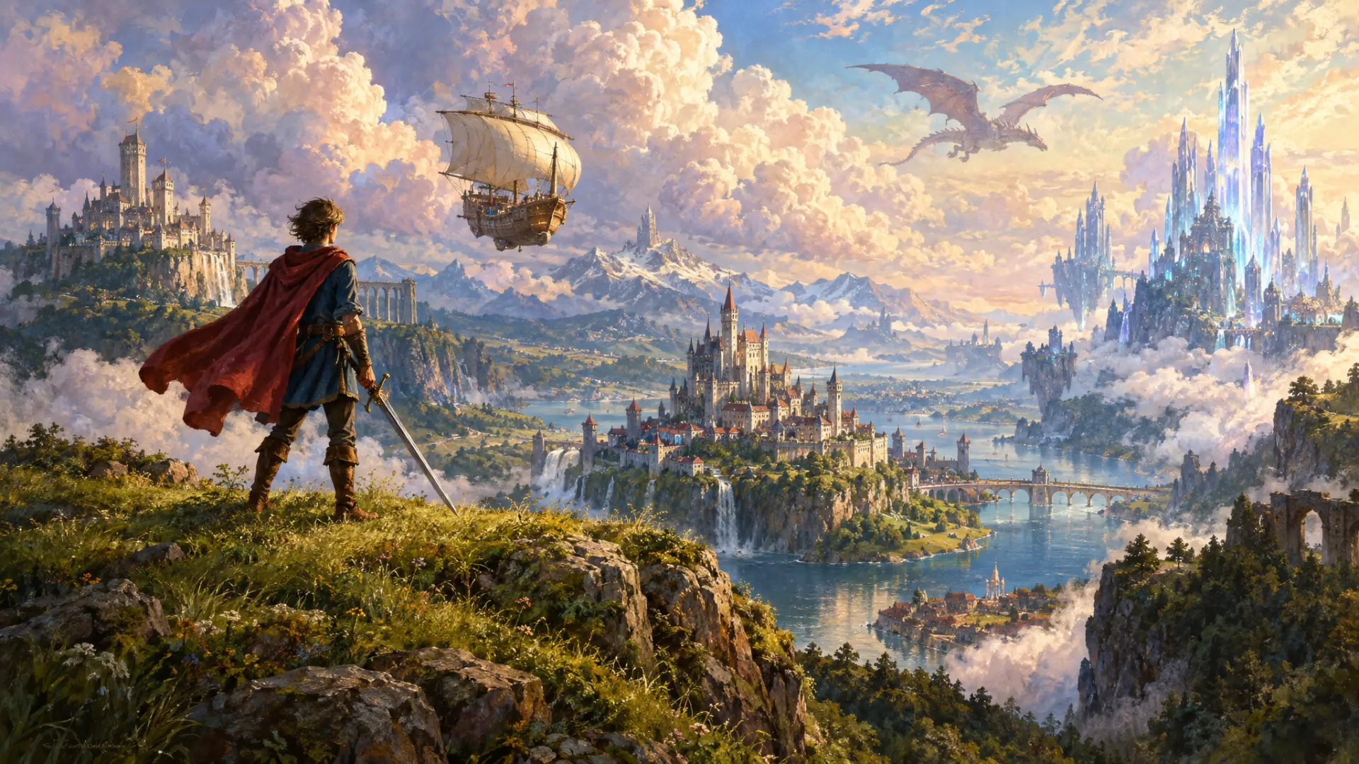 Painting: a young hero with a sword on a grassy hill overlooking a sweeping overworld of castles, a wooden airship, crystal towers and a distant dragon.