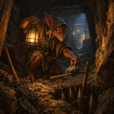 Painting: a small scaly dog-faced reptilian kobold miner with a lantern and a pick, setting a trap in a narrow mine tunnel.