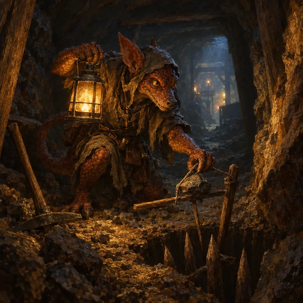Painting: a small scaly dog-faced reptilian kobold miner with a lantern and a pick, setting a trap in a narrow mine tunnel.