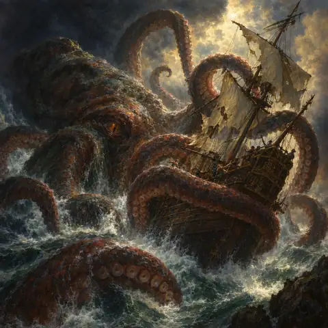 Painting: a gigantic kraken rising from a storm-tossed sea and wrapping its tentacles around a galleon.