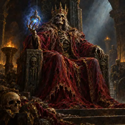 Painting: a crowned skeletal sorcerer in rotting royal robes on a throne in a tomb, a glowing phylactery gem in its hand.