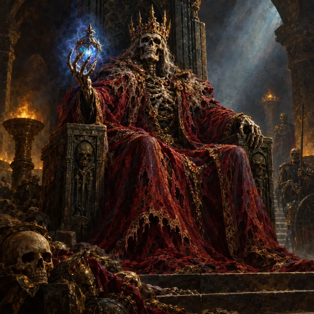 Painting: a crowned skeletal sorcerer in rotting royal robes on a throne in a tomb, a glowing phylactery gem in its hand.