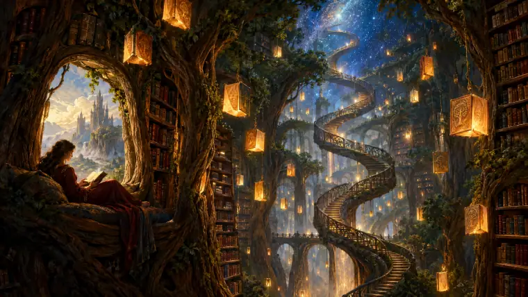 Painting: an infinite library whose shelves are carved from living trees, glowing books hanging like lanterns, a spiral staircase rising into a starry sky.