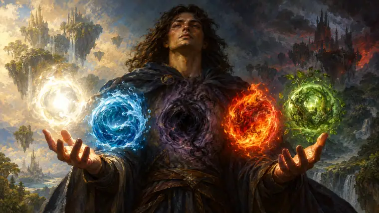 Painting: five glowing orbs of elemental magic, white light, blue water, black shadow, red fire, green forest.