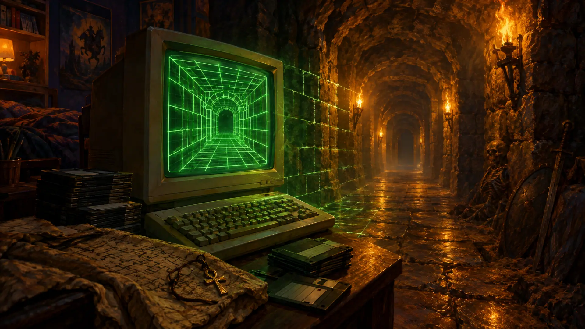 Painting: a glowing CRT monitor in a dark 1980s bedroom showing a green wireframe dungeon corridor; stacks of floppy disks.