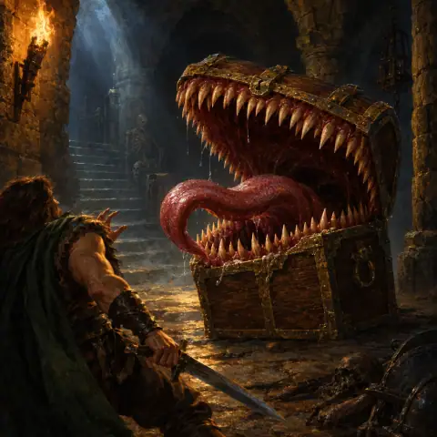 Painting: a treasure chest in a dungeon revealing itself as a monster, its lid a jaw with rows of teeth and a long tongue.
